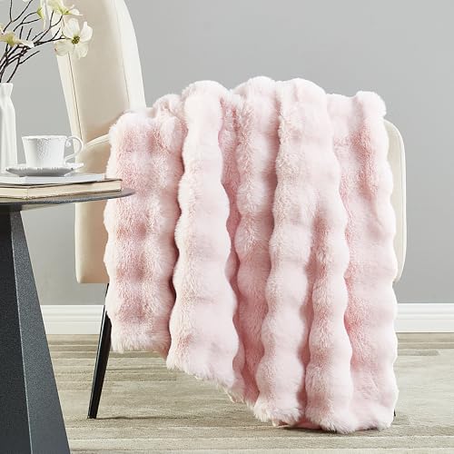 DREAMNINE Soft Faux Bubble Rabbit Fur Throw Blanket for Couch, Thick Cozy Decorative Warm Fuzzy Fur Blanket for Sofa Chair Bedroom Living Room Dorm Women Gift, 50 * 60 Inches, Pink
