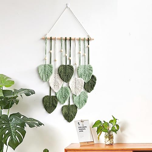Avoik Macrame Wall Hanging Boho Woven Tapestry Handmade Home Wall Decor Bohemian Leaf Modern Chic Wall Art Green Feather Decorations for Living Room Bedroom Apartment Nursery Farmhouse Backdrop