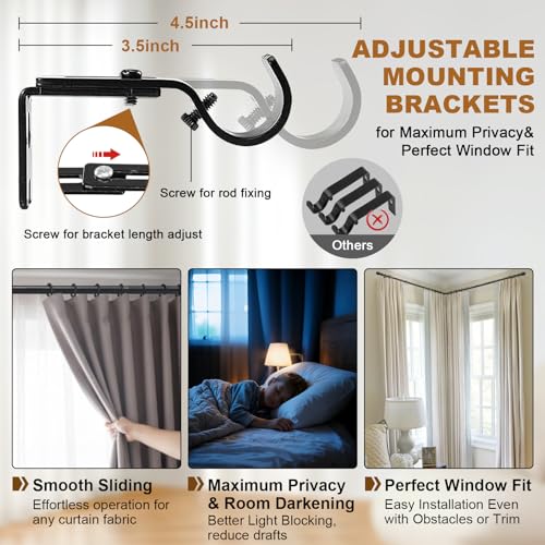 Corner Curtain Rod for Windows - L Shaped 30 to 136 Inches Adjustable,1 Inch Heavy Duty Corners Window Curtain Rods, 180° Connector Angled Drapery Pole -Black