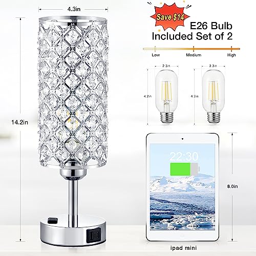 Hong-in Crystal Lamp Touch Control Set of 2, Sliver Crystal Table Lamps with USB C+A Ports & AC Outlet, 3-Way Dimmable Nightstand Touch Lamp, Modern Bedside Table Lamp for Bedroom(Bulbs Included)