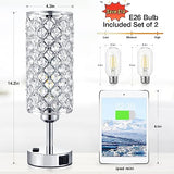Hong-in Crystal Lamp Touch Control Set of 2, Sliver Crystal Table Lamps with USB C+A Ports & AC Outlet, 3-Way Dimmable Nightstand Touch Lamp, Modern Bedside Table Lamp for Bedroom(Bulbs Included)