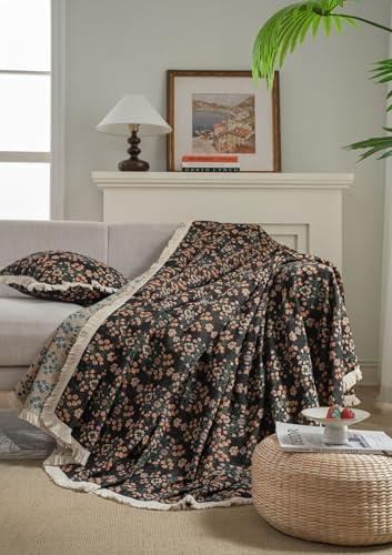 70x149 Bohemian Black Floral Sofa Slipcover with Handmade Tassels - Polyester/Linen/Cotton Blend, Multi-Size Furniture Protector