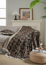 70x149 Bohemian Black Floral Sofa Slipcover with Handmade Tassels - Polyester/Linen/Cotton Blend, Multi-Size Furniture Protector