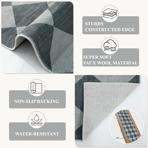 Checkered Print Hallway Rug 2x6, Ultra Thin Kitchen Rug Runner Non Slip Washable Carpet Runners for Hallway 6ft, Modern Diamond Stain Resistant Floor Carpet for Bathroom Bedroom Entryway
