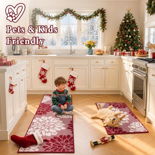 Findosom Christmas Kitchen Rugs Sets of 2, Floral Washable Kitchen Runner