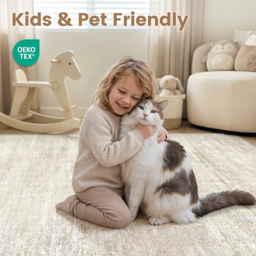 9x12 Area Rug for Living Room, Abstract Washable Carpet, Pale Beige