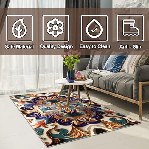 Washable Area Rug, Non-Slip Vintage Hallway Rug Runner with Upgrade Rubber Backing, Stain Resistant Faux Wool Distressed Carpet Runner for Bedroom Living Room Kitchen Laundry Entrance (70" x 55")