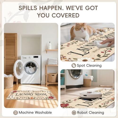 Laundry Room Rug 20"x47" – Low-Profile Boho Non-Slip Runner Rug with TPE Backing, Durable Washable Soft Laundry Mat, Comfortable Floor Mat for Laundry Room Organization, Fits Washer Front, Kitchen Mat