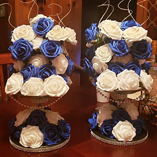 Higfra Artificial Flowers 25pcs Real Looking Royal Blue Foam Fake Roses with Stems for DIY Wedding Bouquets White Bridal Shower Centerpieces Arrangements Mothers Day Party Tables Decorations