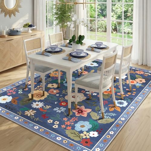 RELEANY Floral Washable 6x9 Area Rugs Blue/Grey