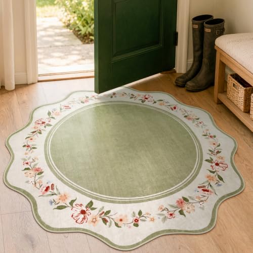 Lahome Round Kitchen Rug 4ft, Green Scalloped Floral Rug