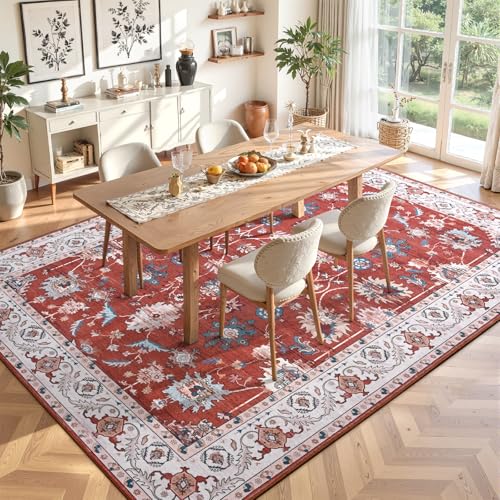 6x9 Area Rugs for Living Room, Washable Rug Vintage Floral, Red