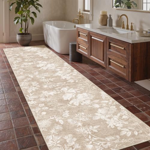 Soalmost Floral Runner Rug 2.5x10 for Hallway,Washable Soft Neutral Rug Tan