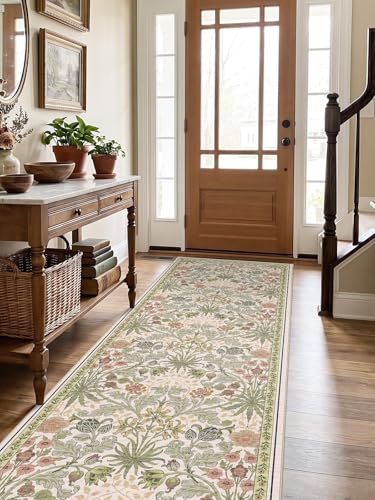 3x10 Washable Floral Runner Rugs: Non-Slip Long Wide Indoor Carpet Runner for Hallway Floor Living Room Entryway Bedroom - William Morris Rug Stain Resistant Dark 3x10ft Beige