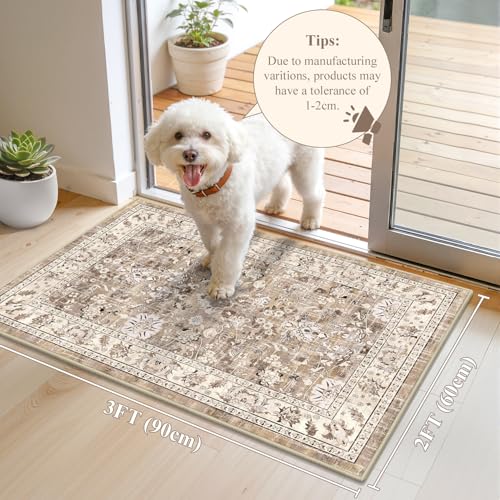 LOKHOM 2x3 Washable Area Rugs, Boho Floral Non-Slip Carpet Rug, Beige