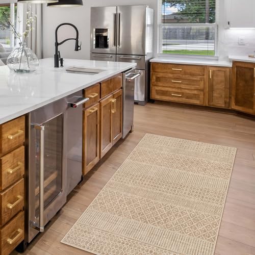 Lahome Farmhouse Washable 3x5 Entryway Rug, Non-Slip, Beige/Brown