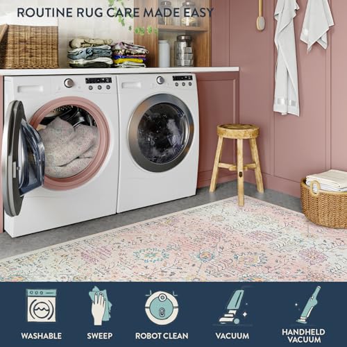 Lahome Pink Rug for Girls Bedroom 5x7, Soft Washable Floral Area Rug, Boho Non Slip Carpet for Kids Room, Teen Room, Playroom, Nursery, Classroom, Living Room