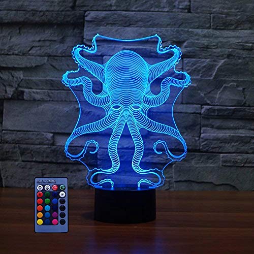 3D Octopus Night Light USB Powered Remote Control Touch Switch Decor Table Optical Illusion Lamp 7/16 Color Changing LED Acrylic Home Love Birthday Room Decoration
