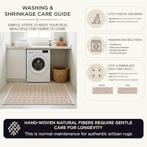 Cotton Diamond Woven Runner Rug 2x6 Feet - Beige, Non Slip Super Soft Farmhouse Space Patio Throw Carpet Ideal for Hallways, Kitchen, Living Room | Neutral Large Bedroom Area Décor Floor Décor Mats