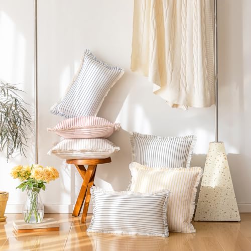 YEENAASY Throw Pillow Covers 18x18 Set of 2 Striped Fringe Pillow Cover Farmhouse Cushion Covers with Tassel Neutral Boho Pillows Decorative Square Pillowcase for Couch Sofa Bed, Khaki