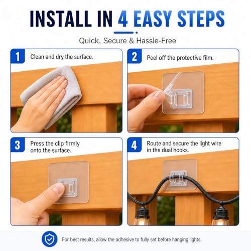 50 Pack Outdoor Light Hooks with Adhesive – Weatherproof & UV-Resistant, No Damage, No Tools Needed, Easy Hanging Clips for Garden, Patio, Balcony, Fairy Lights, Christmas Decorations