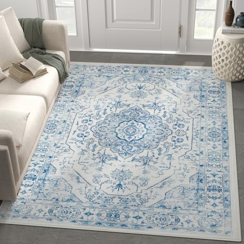 jinchan 5x7 Vintage Floral Washable Area Rug, Blue/White