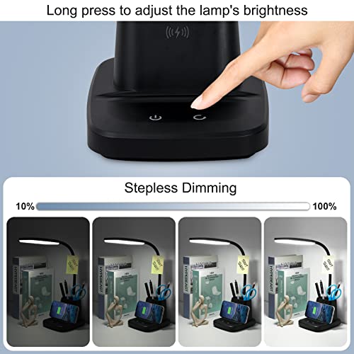 Desk Lamp, LED Desk Lamps for Home Office, Wireless Charger Small Desk Lamp with Pen Holder, 3 Color Modes, Dimmable, CRI 85, 800LM, Study Lamps for College Dorm Room, Adapter Included, Black