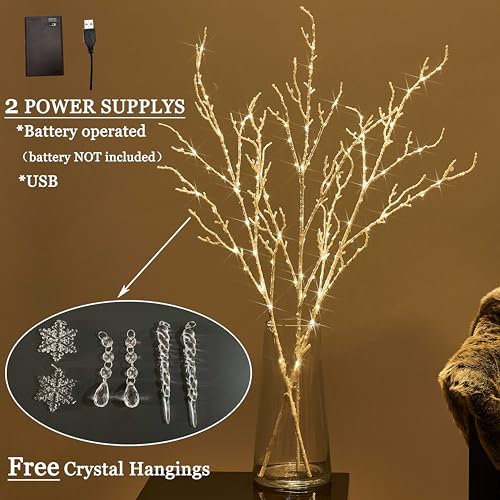LITBLOOM Lighted Willow Branches Iredescent Glittered 32IN 120 LED with Timer Battery Operated and USB Plug in, Tree Branch with Fairy Lights for Home Room Christmas Decoration