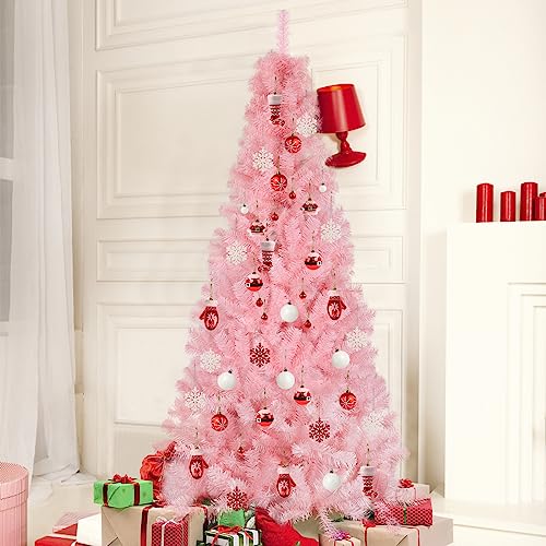 CCINEE 6ft Pine Artificial Christmas Pink Half Tree Easy-Assembly with Solid Metal Stand for Wall Xmas Themed Party Decoration Indoor Outdoor Living Room Decor