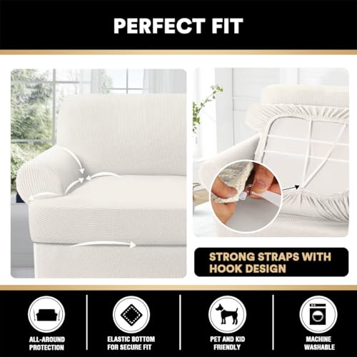 PrinceDeco T Cushion Loveseat Slipcover - 3 Pieces Sofa Cover for 2 Cushion Couch with 2 Individual T Shape Seat Covers Width Up to 76 Inch - Stretch, Machine Washable, Porcelain