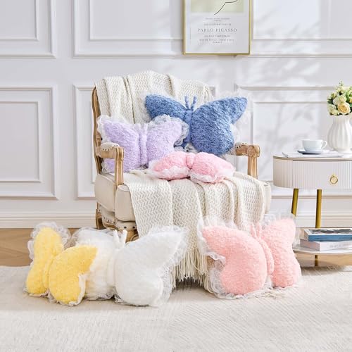 XVTRU Butterfly Pillow White Decorative Pillows 15" Butterfly Shaped Cute Throw Pillows with Lace Aesthetic Bow Plush Cushion for Room Decor Bed Sofa Couch