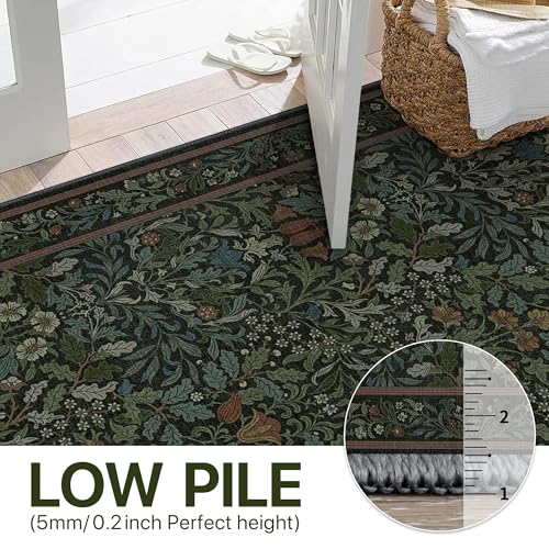 2x8 Hallway Runner Rug Washable Non Slip, Vintage Floral Forest Green