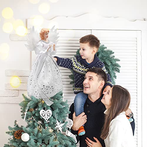 PEEKI Christmas Tree Topper, 12" Angel Treetop with Lights and Remote Control Timer, Christmas Tree Decoration for Holiday Ornament and Home Decor, Ivory and Sliver