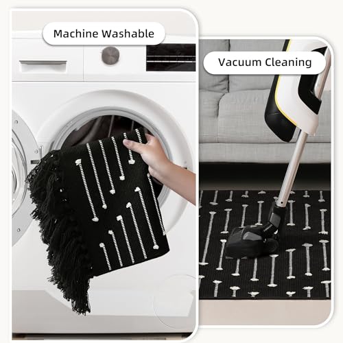 Tritard Washable Runners for Hallways 2x6 Boho Runner Rug with Tassels, Woven Cotton Kitchen Hallway Rug Runner Farmhouse Low Pile Rugs Carpet for Indoor Entryway Bathroom Laundry Bedroom, Black White