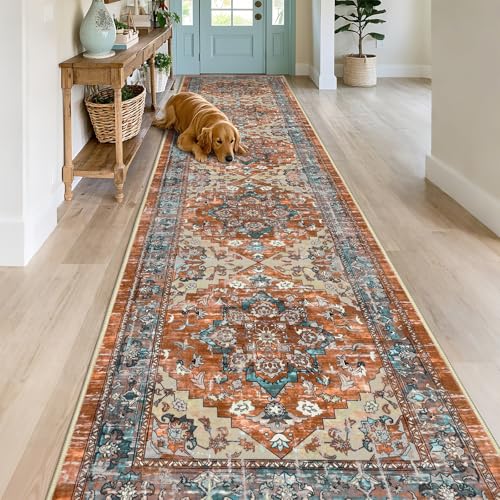 Runner Rug for Hallways Non Slip Washable Boho 2’6”x12 Hallway Low Pile Throw Rugs Vintage Carpet Runners for Entry Way, Kitchen, Laundry Room, Bathroom