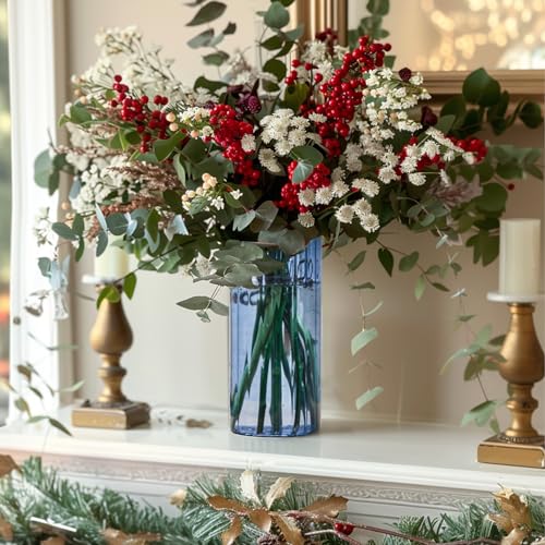 ComSaf Glass Cylinder Vases, Bud Vase for Centerpieces, 8 Inch Tall Ribbed Vase Hurricane Floating Candle Holder, Decorative Flower Vases for Wedding Reception, Home Decor, Housewarming Gift (Blue)