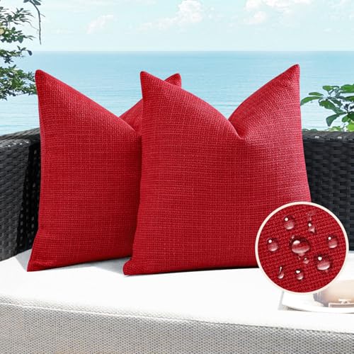 Artscope Outdoor Waterproof Throw Pillow Covers 16x16 Inch Decorative Linen Outdoor Pillows Cushion Case for Patio Couch Sofa - Red