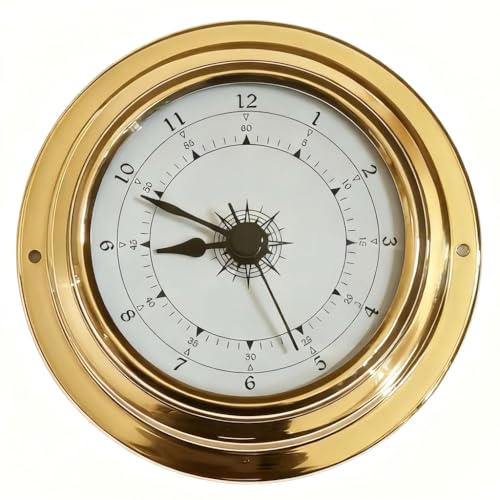 QTengCX)4-Inch Polished Brass Marine Clock, Vintage Porthole Style Nautical Wall Clock with Silent Movement, Glass Lens, Roman/Arabic Numerals for Boat, Yacht, Office