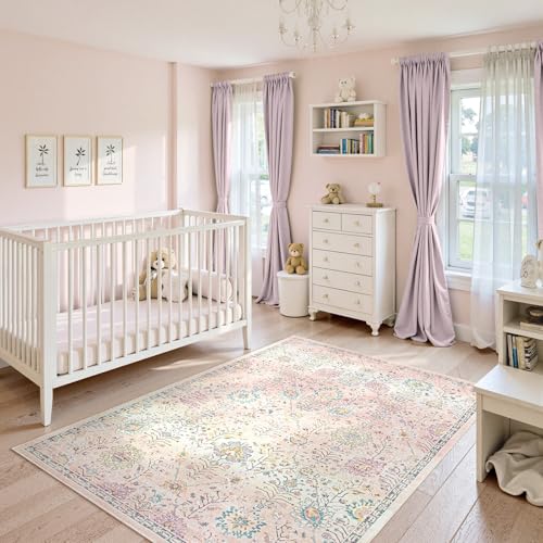 Lahome Pink Rug for Girls Bedroom 5x7, Soft Washable Floral Area Rug, Boho Non Slip Carpet for Kids Room, Teen Room, Playroom, Nursery, Classroom, Living Room