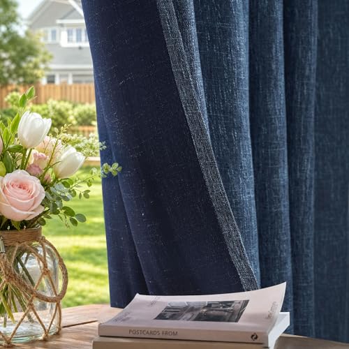 jinchan Burlap Linen Look Curtains 84 Inches Long Blue Textured Curtains for Living Room Light Filtering Farmhouse Curtain Panels Semi Sheer Country Rustic Bedroom Window Drapes Rod Pocket 2 Panels