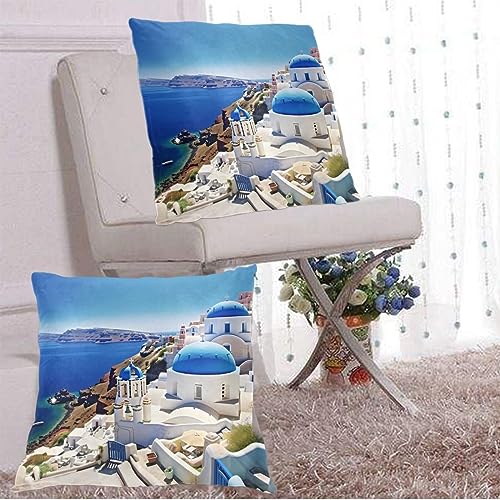 JCAKES Santorini Greek Island Sea View Print Square Pillow Set of 2 Decorative Pillows Cushion Covers for Couch Chair Bedroom (Does Not Contain Pillow Core)