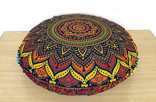 CRAFT KALA 32 Inch Meditation Floor Pillow Cover Round Pillow Seating Hippie Decorative Adults Bohemian Mandala Cushion Cover Outdoor Living Room Throw Ottoman Poufs Cover (New Blue Ombre)