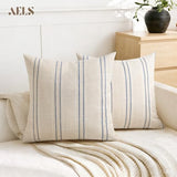 AELS 18x18 Decorative Farmhouse Linen Blend Throw Pillow Covers, Boho Textured Pillow Case, Set of 2,Beige with White & Navy Blue Stitch Yarn Dyed Stripe Cushion Cover for Sofa Living Room(Cover ONLY)