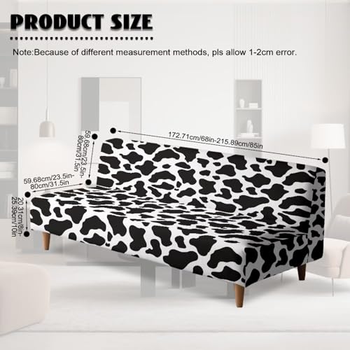 Black White Cow Pattern Armless Futon Cover, Machine Washable Sofa Slipcover with Stretch Bottom Anti-Slip Non Armrest Couch Chair Covers