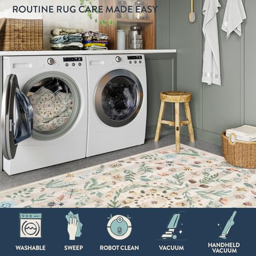 Lahome Washable Insect Botanical 6x9 Area Rugs for Nursery - Machine Washable Non-Slip Beige Bedroom Rug, Boho Low Profile Soft Faux Wool Carpet for Living Room Laundry Playroom Dining Room