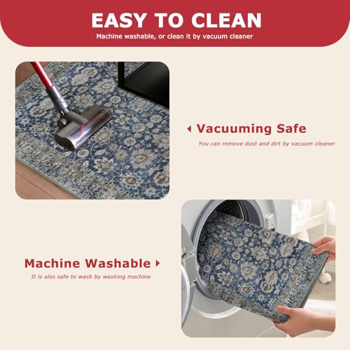 KOZYFLY 3x5 Entryway Rug Washable Vintage Area Rug Floral Blue