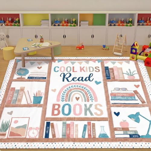3.3 x 3.9 ft Boho Classroom Rug Library Reading Rug Calming Corner Mat Bookshelf Mental Health Area Washable Non Slip Soft Fluffy Carpet for School Bedroom Living Room Playroom
