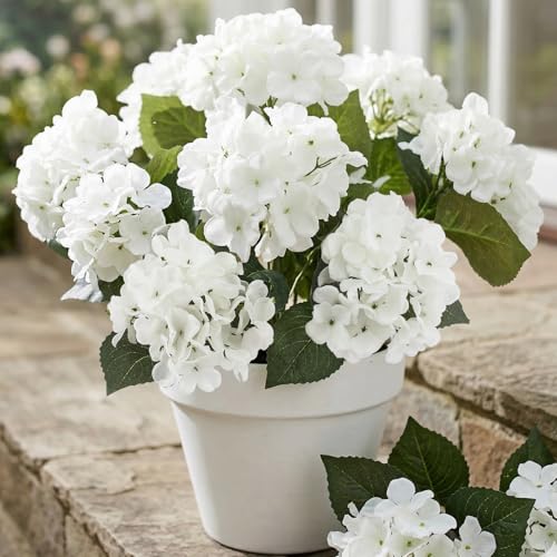 Daynight 4 Pcs Hydrangea Artificial Flowers Outdoor Silk Bouquets, UV Resistant Faux Hydrangeas Flowers for Table Vase Centerpieces Outside Party Wedding Baby Shower Home Outdoor Decor (4, White)