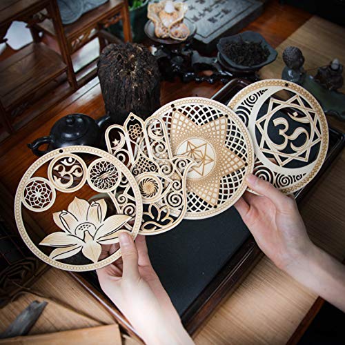 Qallicon 5.31" Sacred Geometry Wall Art 4 PCS Set, (Sacred Lotus, Hamsa Hand, Soul Star, Union Sun Moon) Crystal Grid Meditation Chakra Wooden Wall Art Yoga Decor Spiritual Gifts