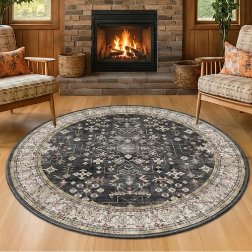 Black Boho Living Room Round Rug 6ft - Washable Dark Vintage Moody Low Pile Non Slip Circle Carpet for Bedroom, Dining Room, Home Office, Study Room, Modern Farmhouse Circular Area Rug Indoor Décor